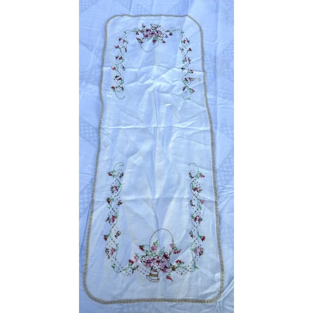 VTG Floral Hand Embroidered Table Runner Flower Basket Floral Pink 12.5